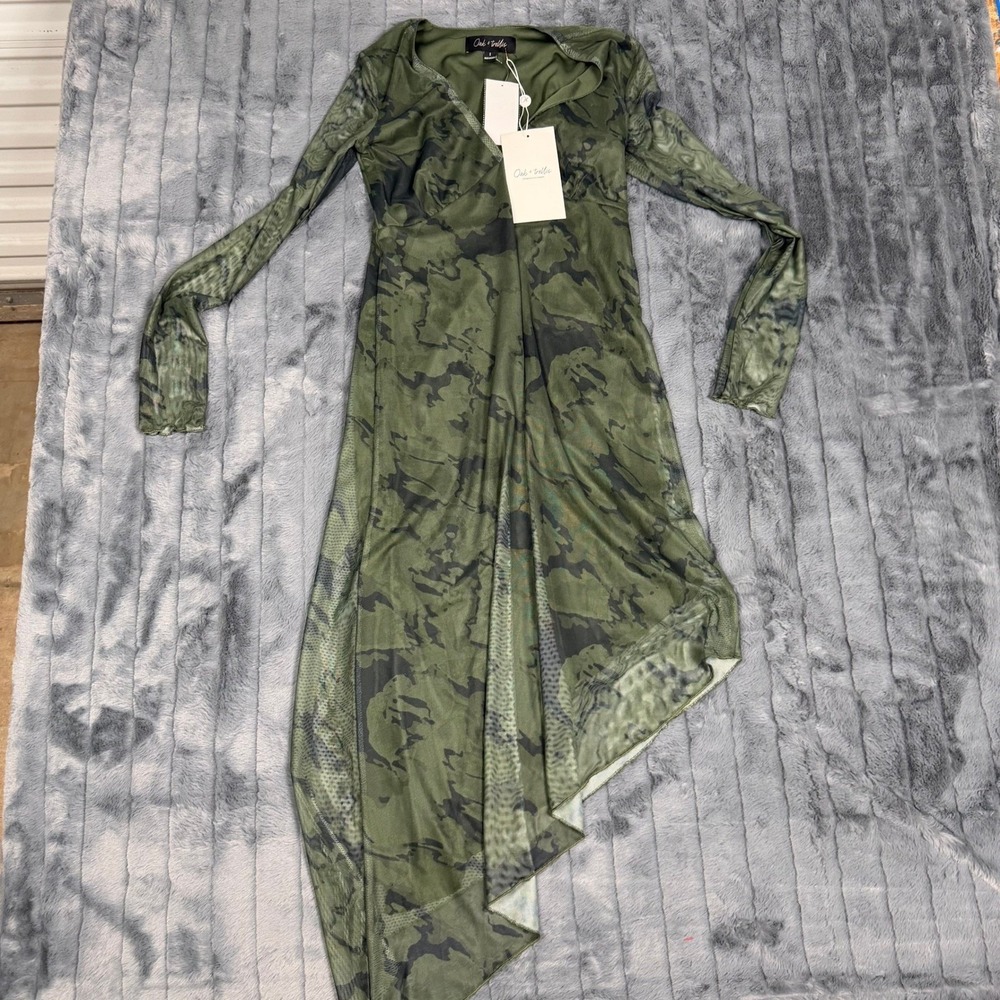 Oak & Trellis Olive Green Camo Mesh Midi Dress V-Neck Long Sleeve Asymmetric S